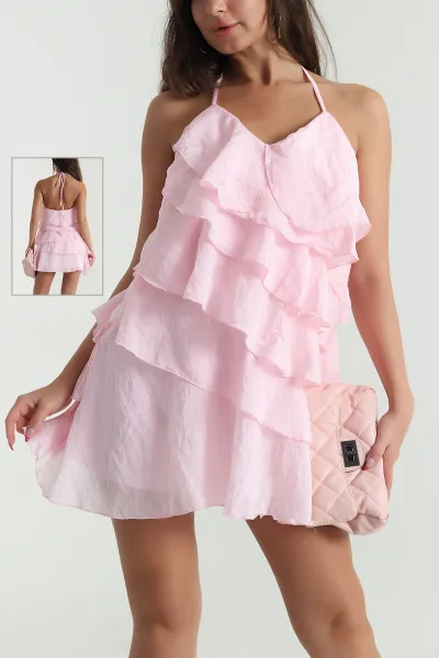 Pembe Fırfırlı Astarlı Tencel Kadın Elbise 474352