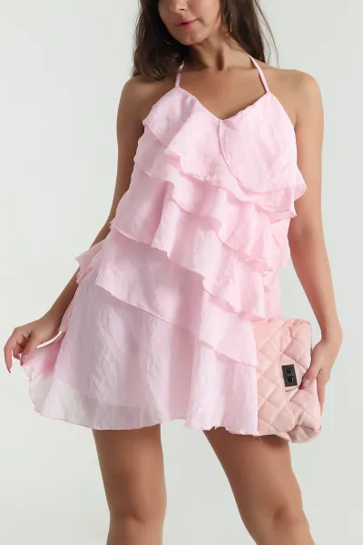 Pembe Fırfırlı Astarlı Tencel Kadın Elbise 474352