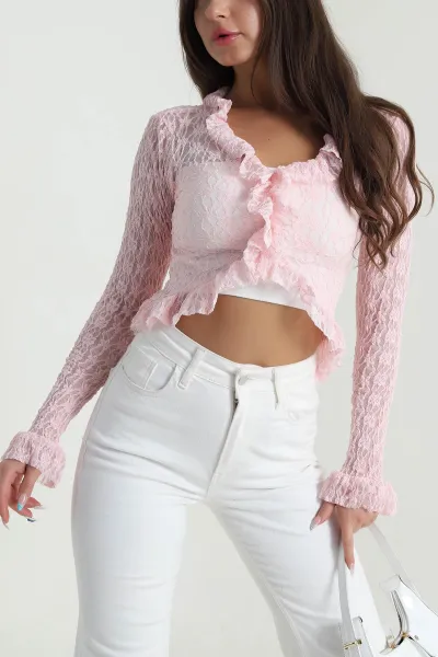 Pembe Fırfırlı Dantelli Kadın Bluz 483789