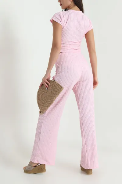Pembe Fırfırlı Kumaş Pantolon Bluz Kadın İkili Takım 466525