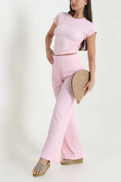 Pembe Fırfırlı Kumaş Pantolon Bluz Kadın İkili Takım 466525