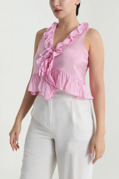 Pembe Fırfırlı Lilium Bağlamalı Kadın Bluz 480725