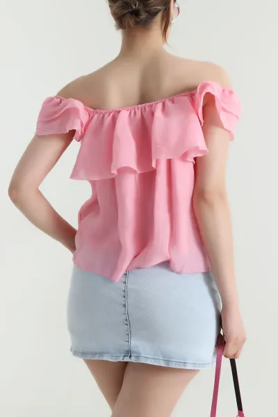Pembe Fırfırlı Tensel Kadın Astarlı Bluz 467764