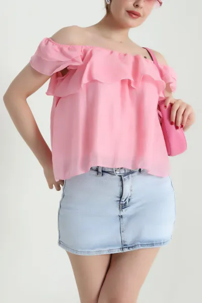 Pembe Fırfırlı Tensel Kadın Astarlı Bluz 467764