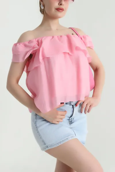 Pembe Fırfırlı Tensel Kadın Astarlı Bluz 467764