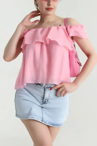 Pembe Fırfırlı Tensel Kadın Astarlı Bluz 467764