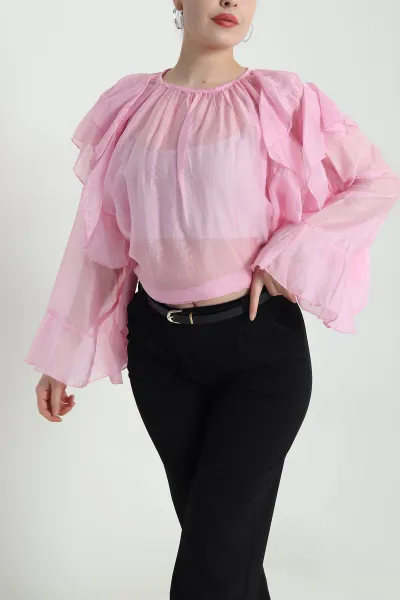 Pembe Fırfırlı Tensel Kadın Bluz 461309
