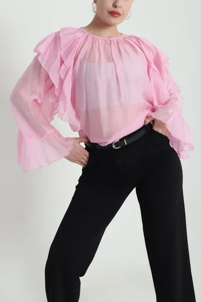 Pembe Fırfırlı Tensel Kadın Bluz 461309