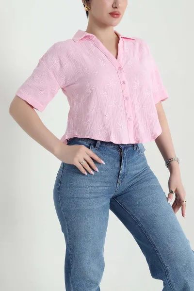 Pembe Fistolu Müslin Kadın Gömlek 456277