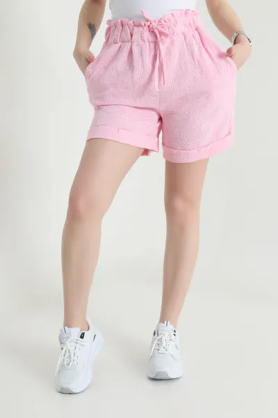 Pembe Fistolu Müslin Keten Kadın Şort 456264