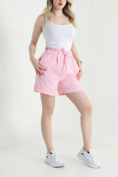 Pembe Fistolu Müslin Keten Kadın Şort 456264
