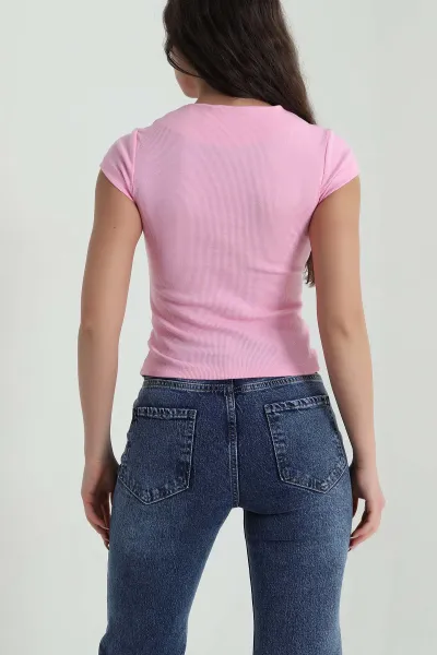 Pembe Fitilli Düğmeli Kadın Badi Bluz 458537