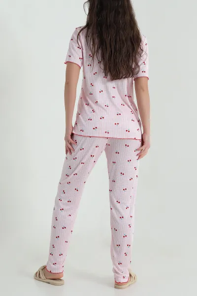 Pembe Fitilli Düğmeli Kadın Pijama Takımı 458842