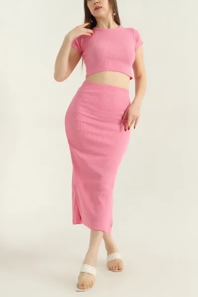 Pembe Fitilli Likralı Bluz Etek İkili Takım 336789