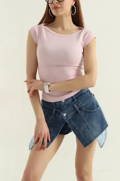 Pembe Fitilli Likralı Omuz Detay Kadın Bluz 362307
