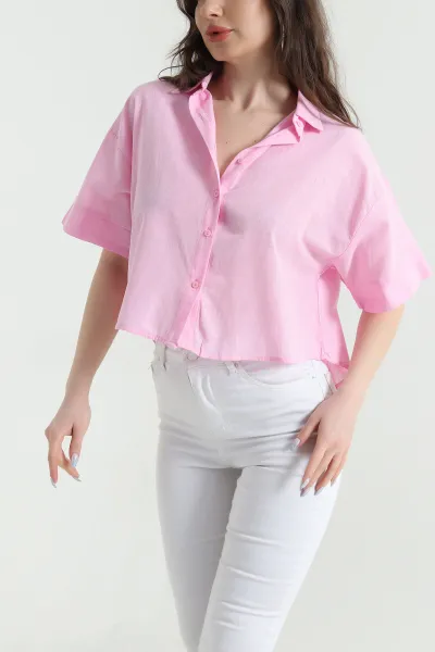Pembe Flam Keten Kadın Gömlek 448260