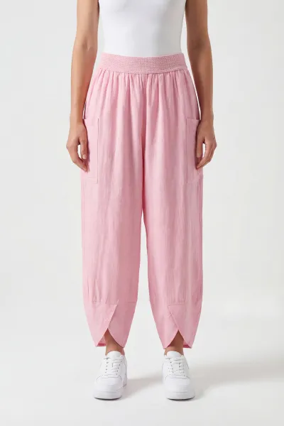 Pembe Flam Keten Kadın Pantolon 450808