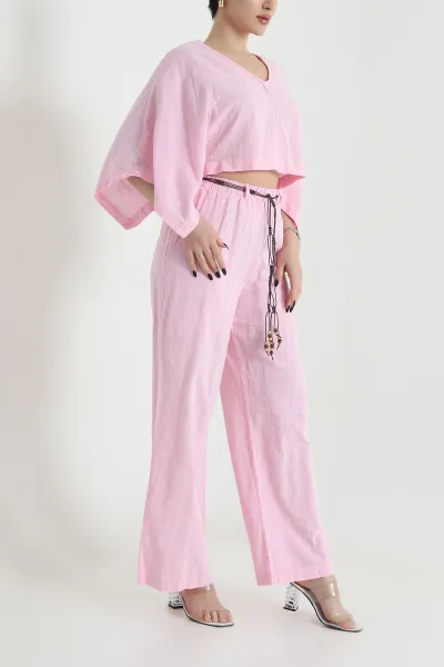 Pembe Flam Keten Kemerli Kadın İkili Takım 453645