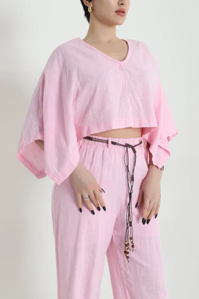 Pembe Flam Keten Kemerli Kadın İkili Takım 453645
