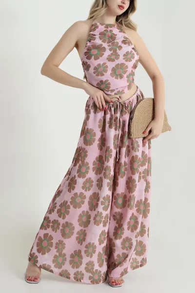 Pembe Flam Pamuk Keten Büzgülü Halter Top Pantolon Takımı 468698