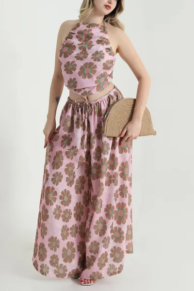 Pembe Flam Pamuk Keten Büzgülü Halter Top Pantolon Takımı 468698