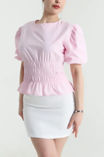 Pembe Gipeli Balon Kol Poplin Kadın Bluz 455931