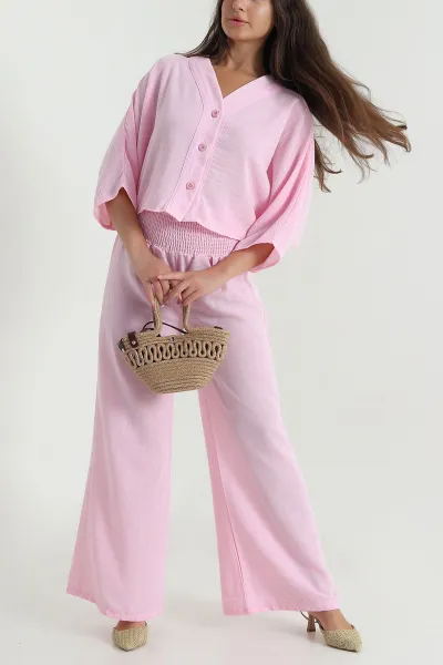 Pembe Gipeli Düğmeli Keten Kadın İkili Takım 473506