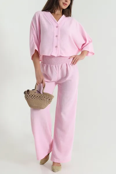 Pembe Gipeli Düğmeli Keten Kadın İkili Takım 473506