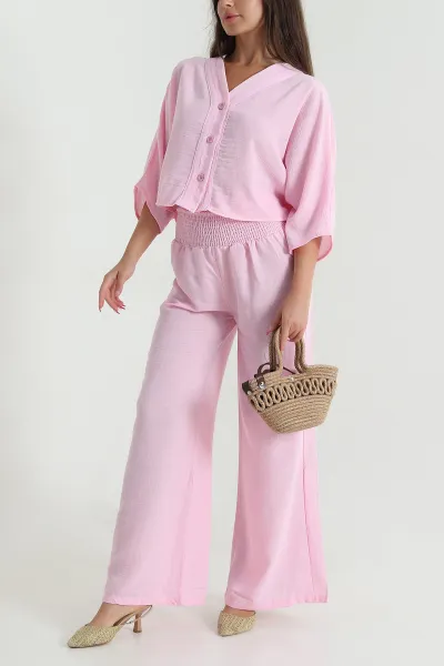Pembe Gipeli Düğmeli Keten Kadın İkili Takım 473506