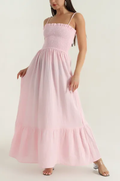 Pembe Gipeli İp Askılı Keten Kadın Elbise 378235