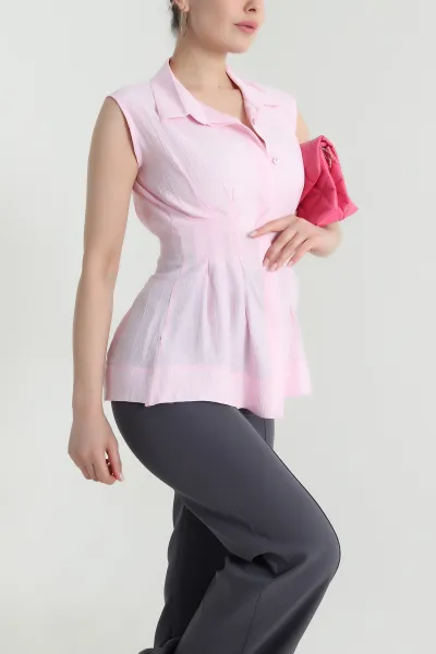 Pembe Gizli Pat Pile Detay Kraş Kadın Gömlek 473282