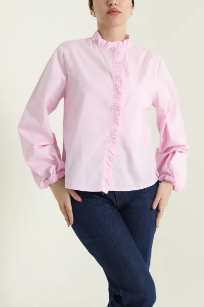 Pembe Gizli Patlı Poplin Kadın Gömlek Bluz 435738