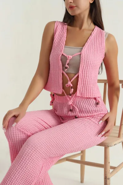 Pembe Gofre Tasarım Kadın İkili Takım 381563
