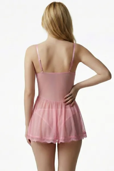 Pembe Göğüs Dantelli Seksi Mini Fantezi Gecelik 418218