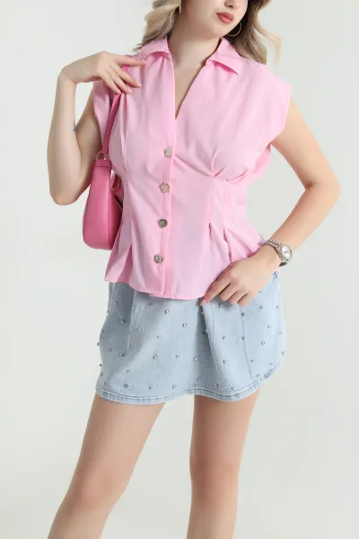 Pembe Gold Düğmeli Poplin Kadın Yelek 465405
