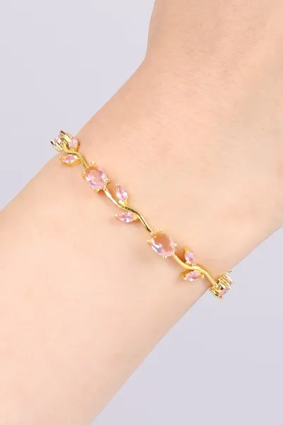 Pembe  Gold Oval Taşlı Yapraklı Bileklik 468988