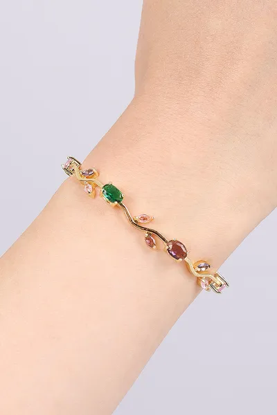 Pembe Gold Oval Taşlı Yeşil Yapraklı Bileklik 468992