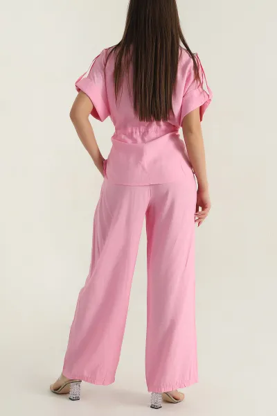 Pembe Gömlek Pantolon Tünelli Keten Kadın İkili Takım 377863