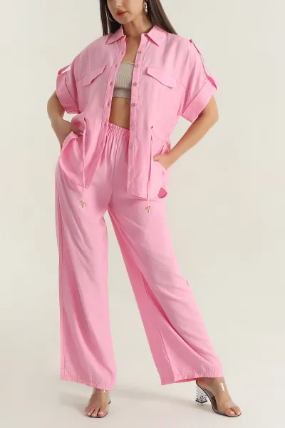 Pembe Gömlek Pantolon Tünelli Keten Kadın İkili Takım 377863