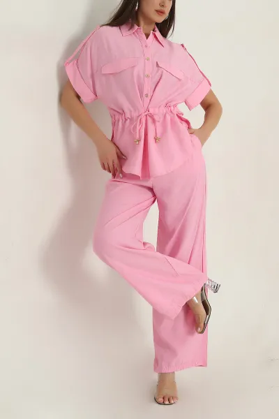 Pembe Gömlek Pantolon Tünelli Keten Kadın İkili Takım 377863