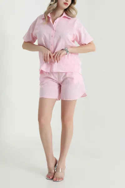 Pembe Gömlek Şort Keten Kadın İkili Takım 470551