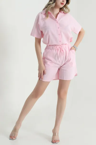 Pembe Gömlek Şort Keten Kadın İkili Takım 470551