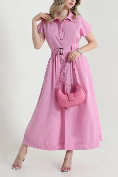 Pembe Gömlek Yaka Cepli Poplin Kadın Elbise 474280