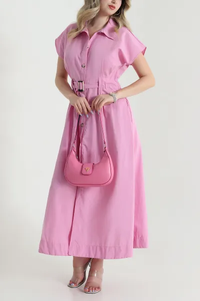 Pembe Gömlek Yaka Cepli Poplin Kadın Elbise 474280