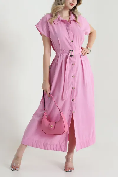 Pembe Gömlek Yaka Cepli Poplin Kadın Elbise 474280