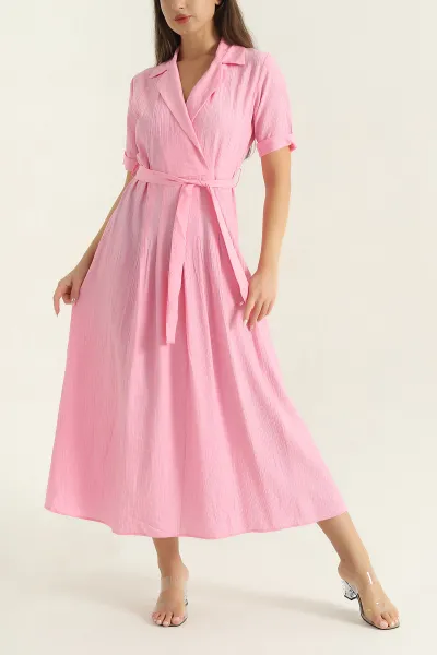 pembe-gomlek-yaka-dokuma-kemerli-elbise-377531