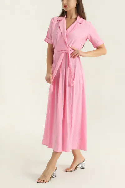 Pembe Gömlek Yaka Dokuma Kemerli Elbise 377531