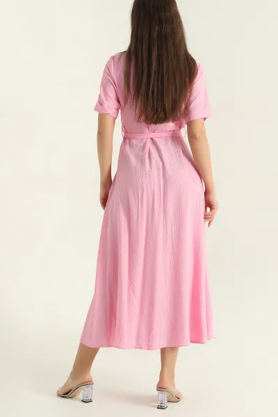 Pembe Gömlek Yaka Dokuma Kemerli Elbise 377531