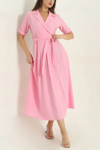 Pembe Gömlek Yaka Dokuma Kemerli Elbise 377531
