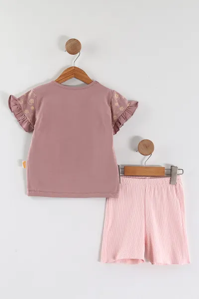 Pembe Gül Kurusu (2-5 Yaş)Cute Girl Baskılı Fitilli Şortlu Kız Çocuk Takım 446606